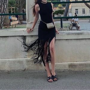 Sandro Paris Glorie Fringed Hem Dress Black Midi Cocktail Beach Vacay Size M